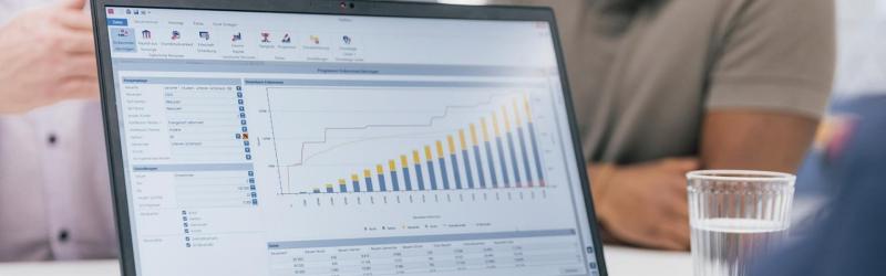 Software-Dashboard mit Datenanalyse und Diagrammen auf Laptop für IT-Lösungen und digitale Tools