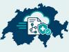 Illustration der Schweizer Landkarte mit Cloud, Dokument, Netzwerkverbindungen und Sicherheitsschild.